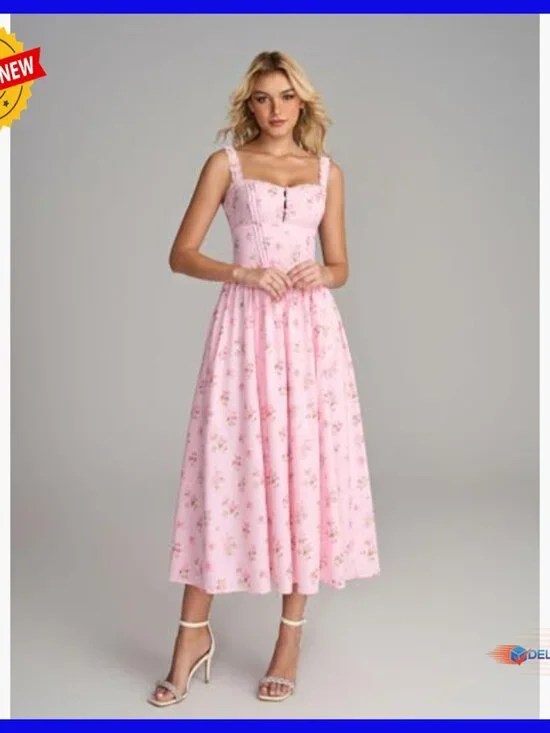 Summer Corset Midi Dress Floral Lace Smocked Flowy A-Line with Pockets - Picture 6 of 7